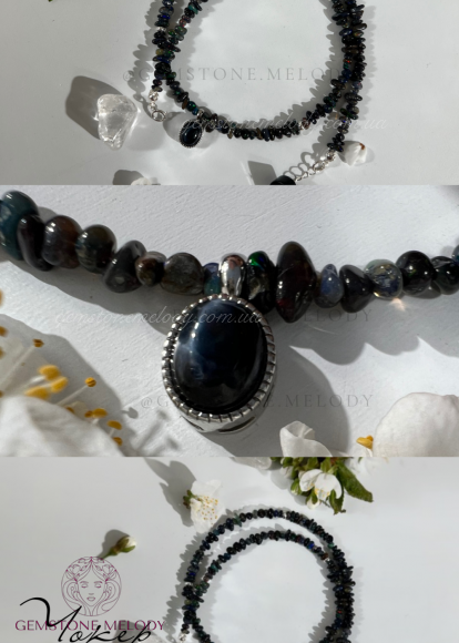 Кольє з натуральних каменів та срібла. Кольє з чорного опалу