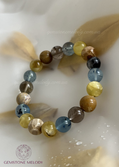 Браслет з жовтого лепідоліту, скам’янілого коралу, азезтуліту, аквмарину