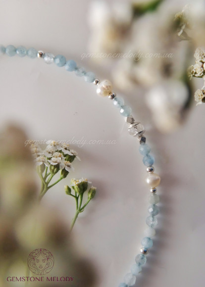Кол'є з аквамарину та перлин