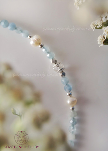 Кол'є з аквамарину та перлин