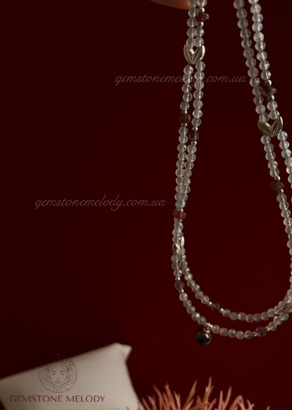 Кольє дволінійне з лабрадором та рубелітом, і аметистом