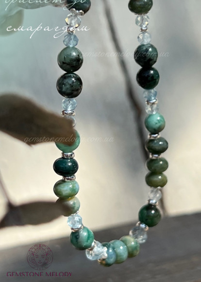 Браслет з мохового агату, смарагду, топаза, аквамарина