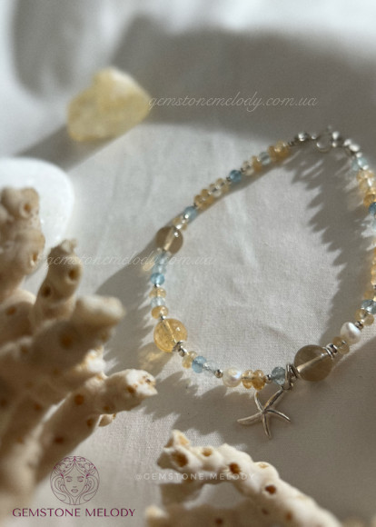 Браслет з підвіскою «морська зірка», аквамарин, перли, кварцит