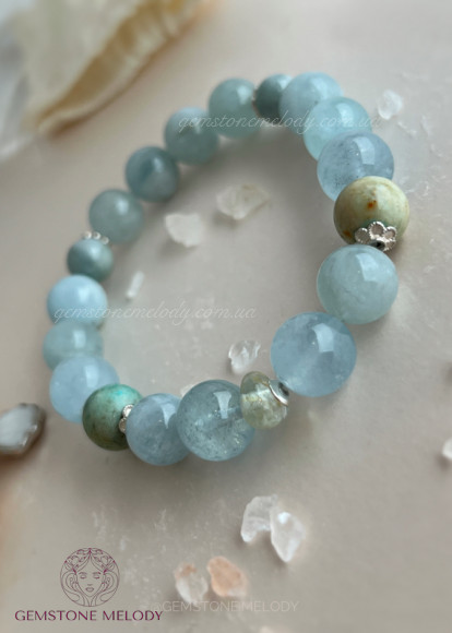 Браслет з аквамарином, бірюзою, нефритом
