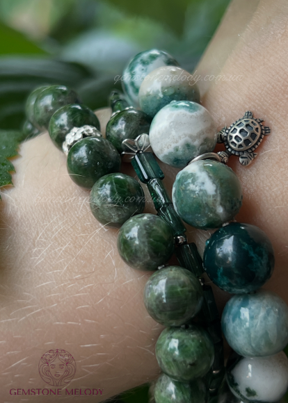 Браслет з моховим агатом і черепашкою зі срібла