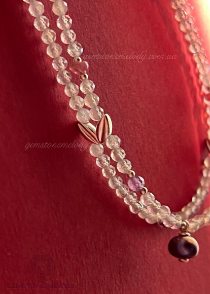 Кольє дволінійне з лабрадором та рубелітом, і аметистом