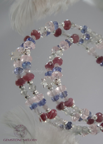 Браслет з танзаніту, морганіту, рубіна