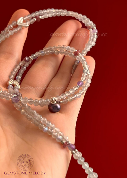 Кольє дволінійне з лабрадором та рубелітом, і аметистом