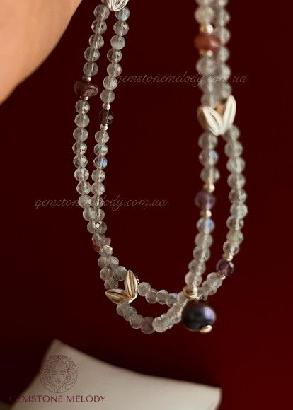 Кольє дволінійне з лабрадором та рубелітом, і аметистом