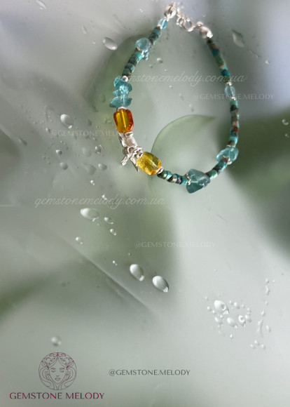 Браслет з бурштином, апатитом, бірюзою