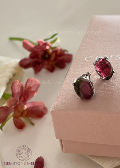 Сережки з турмаліном, кавуновий турмалін і срібло