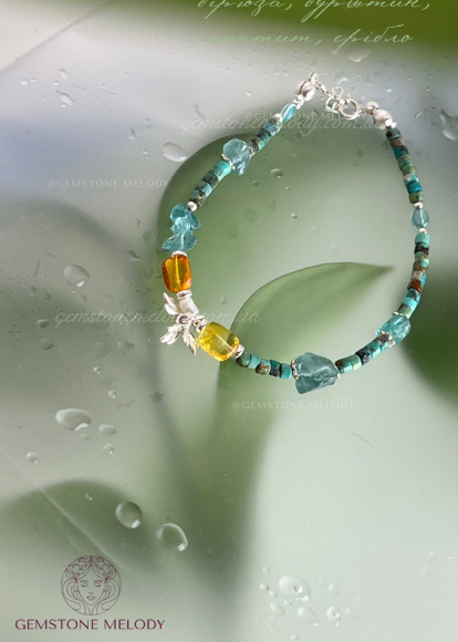 Браслет з бурштином, апатитом, бірюзою