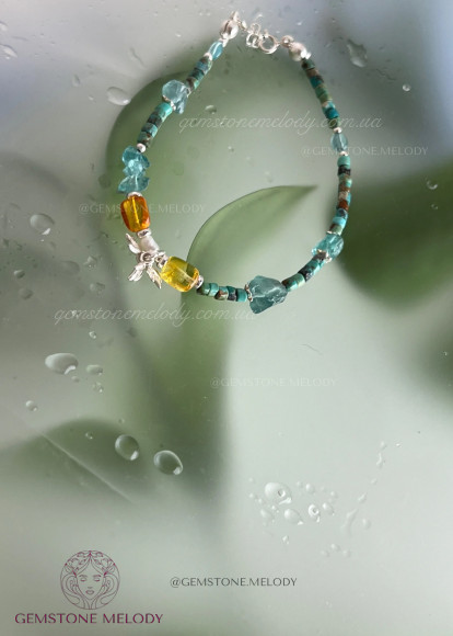 Браслет з бурштином, апатитом, бірюзою