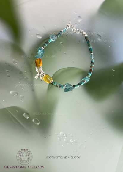 Браслет з бурштином, апатитом, бірюзою