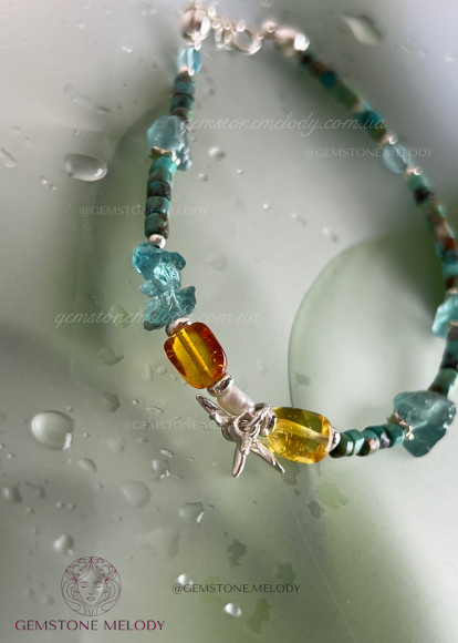 Браслет з бурштином, апатитом, бірюзою