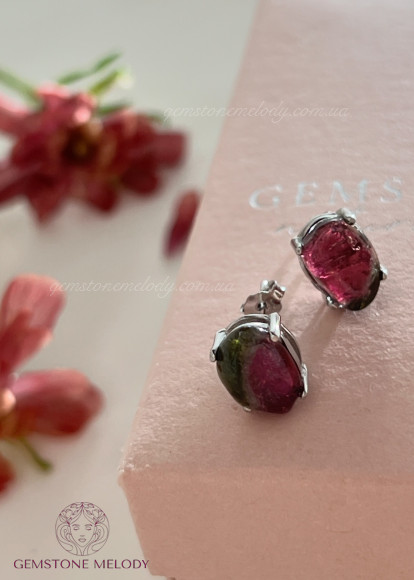 Сережки з турмаліном, кавуновий турмалін і срібло