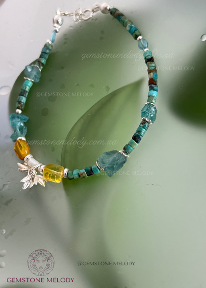 Браслет з бурштином, апатитом, бірюзою