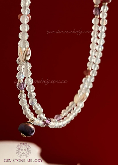 Кольє дволінійне з лабрадором та рубелітом, і аметистом
