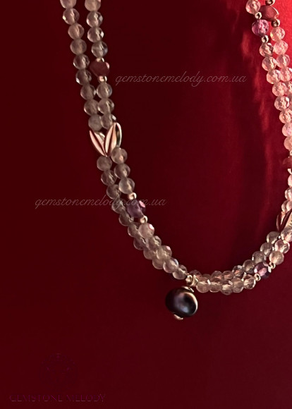 Кольє дволінійне з лабрадором та рубелітом, і аметистом