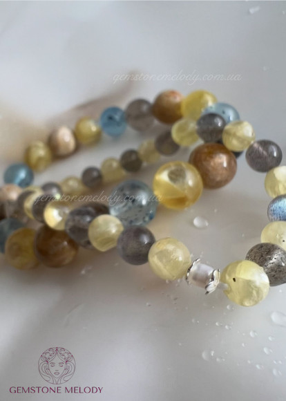 Браслет з жовтим лепідолітом , лабрадором 