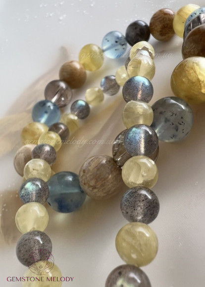 Браслет з жовтим лепідолітом , лабрадором 