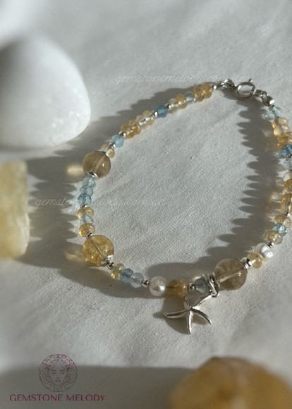 Браслет з підвіскою «морська зірка», аквамарин, перли, кварцит