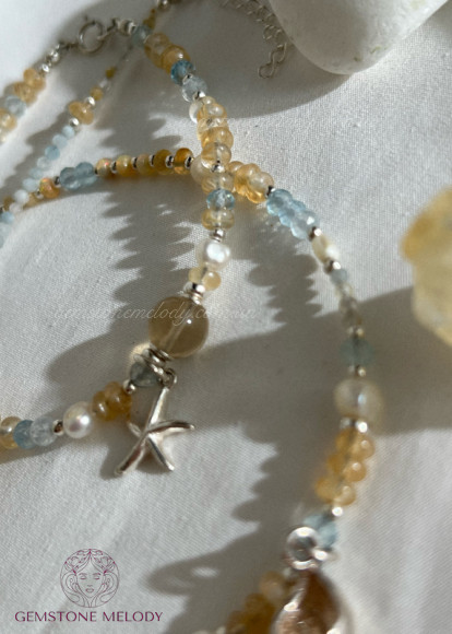 Браслет з підвіскою «морська зірка», аквамарин, перли, кварцит