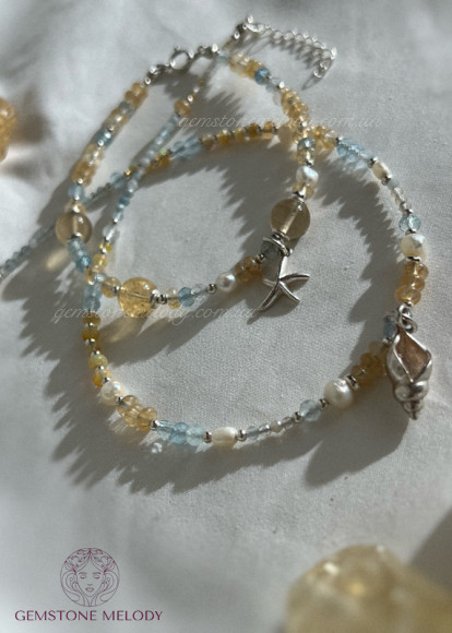 Браслет з підвіскою «морська зірка», аквамарин, перли, кварцит