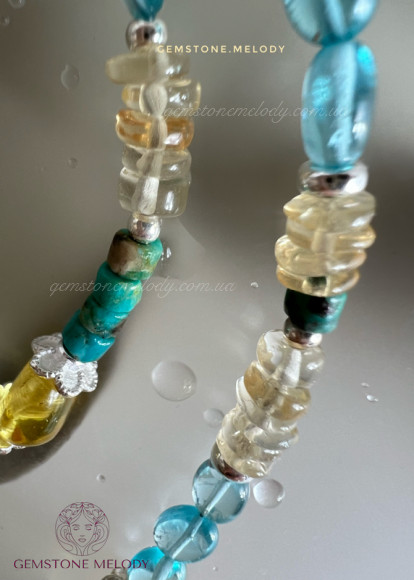 Кольє з натуральних каменів, мікс: бурштин, апатит, бірюза, цитрин