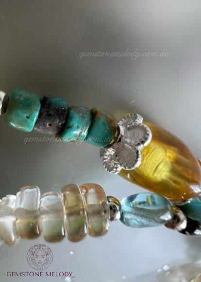 Кольє з натуральних каменів, мікс: бурштин, апатит, бірюза, цитрин
