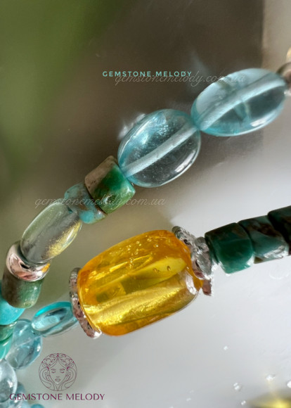 Кольє з натуральних каменів, мікс: бурштин, апатит, бірюза, цитрин