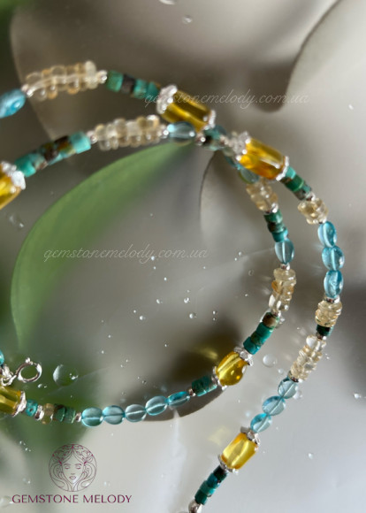 Кольє з натуральних каменів, мікс: бурштин, апатит, бірюза, цитрин