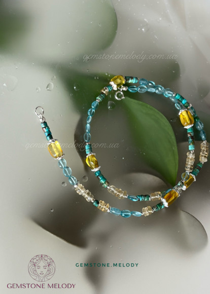 Кольє з натуральних каменів, мікс: бурштин, апатит, бірюза, цитрин