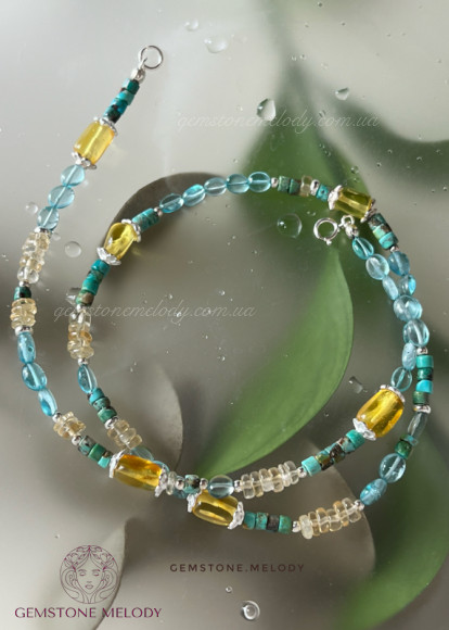 Кольє з натуральних каменів, мікс: бурштин, апатит, бірюза, цитрин