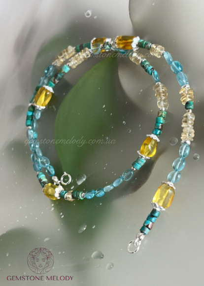 Кольє з натуральних каменів, мікс: бурштин, апатит, бірюза, цитрин