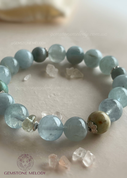 Браслет з аквамарином, бірюзою, нефритом