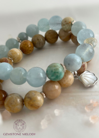 Браслет з аквамарином, бірюзою, нефритом